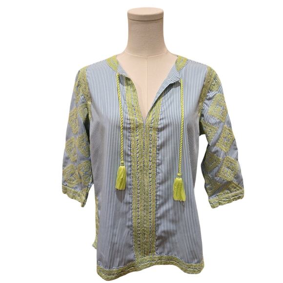 Gretchen Scott Designs Embroidered Top Blue Yellow Boho Beach Cruise Medium - Picture 1 of 10
